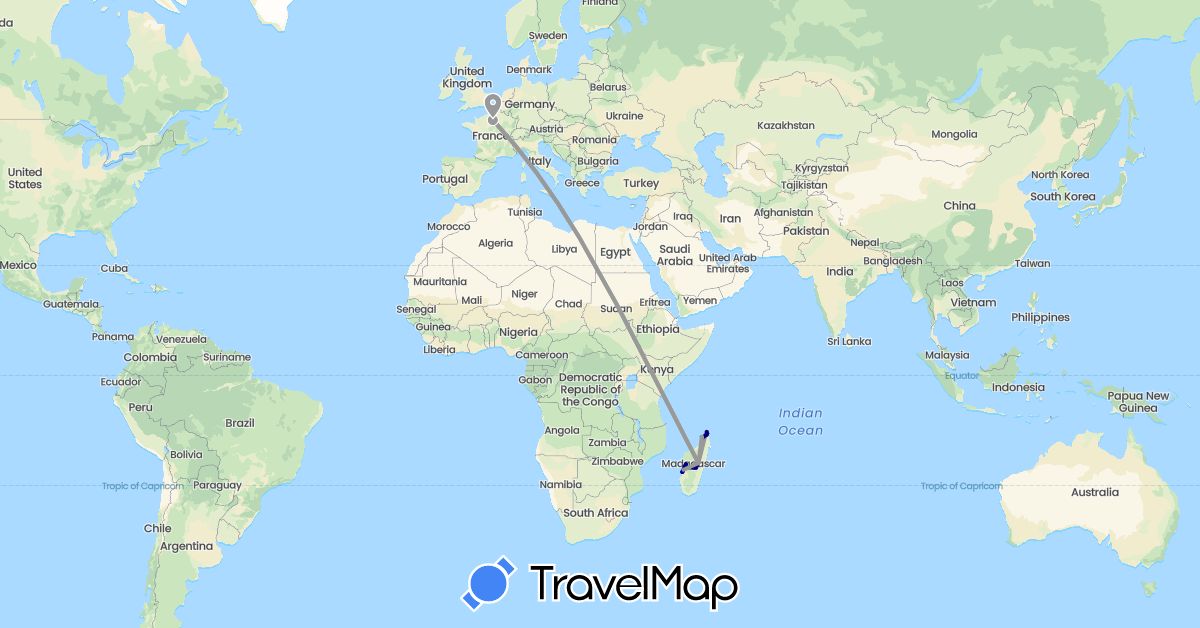 TravelMap itinerary: driving, plane, boat in France, Madagascar (Africa, Europe)