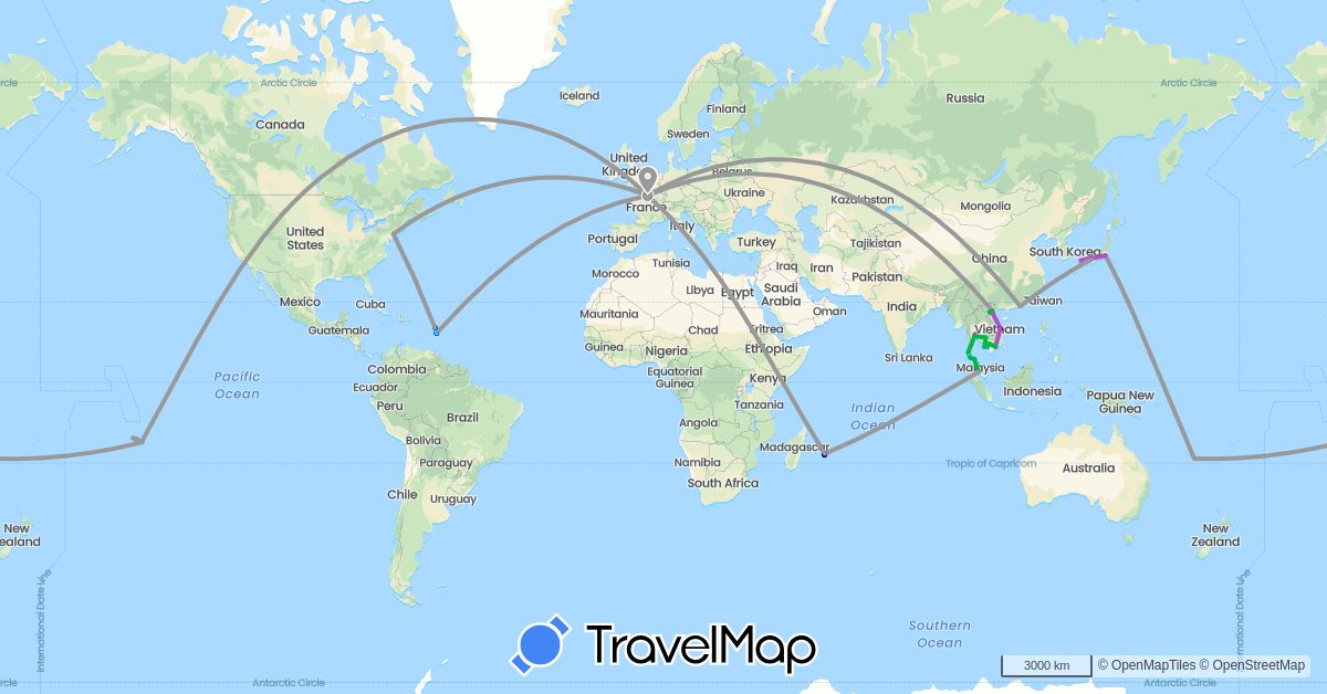 TravelMap itinerary: driving, bus, plane, train, hiking, boat in China, France, Japan, Cambodia, Malaysia, Thailand, United States, Vietnam (Asia, Europe, North America)