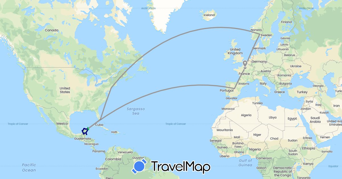 TravelMap itinerary: driving, bus, plane, boat in Belize, Spain, France, Mexico, Norway, United States (Europe, North America)