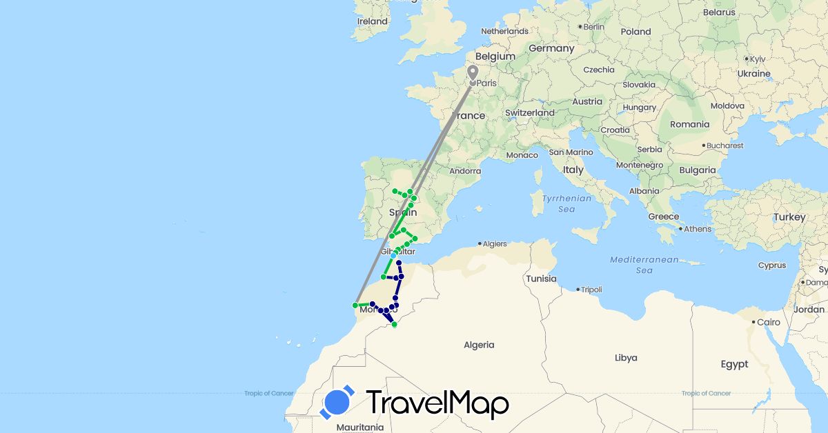 TravelMap itinerary: driving, bus, plane, boat in Spain, France, Morocco (Africa, Europe)