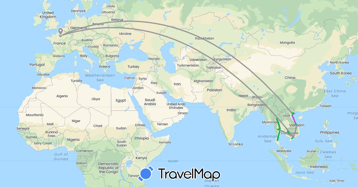 TravelMap itinerary: driving, bus, plane, train, boat in France, Cambodia, Thailand, Vietnam (Asia, Europe)