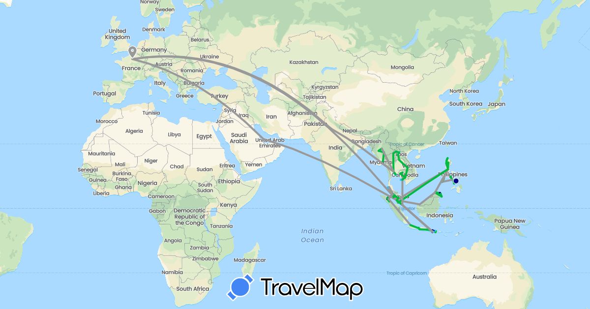 TravelMap itinerary: driving, bus, plane, train, hiking, boat in France, Indonesia, India, Cambodia, Laos, Myanmar (Burma), Malaysia, Philippines, Qatar, Singapore, Thailand (Asia, Europe)