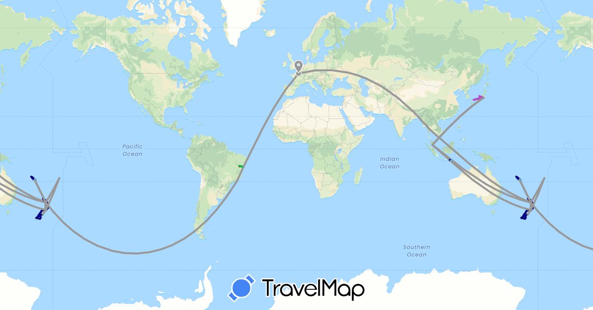 TravelMap itinerary: driving, bus, plane, train, hiking, boat in Brazil, France, Indonesia, Japan, Malaysia, New Caledonia, New Zealand, Thailand, Tonga (Asia, Europe, Oceania, South America)